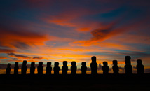 Silhouette of 15 statues of Ahu Tongariki at sunrise