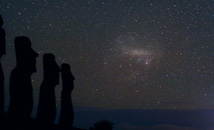 Ahu Akivi at night with starry sky and large magellanic cloud at Rapa Nui (Easter Island)