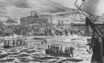 Russian ship Rurick arrives to Easter Island while Rapa Nui natives are waiting by the shore