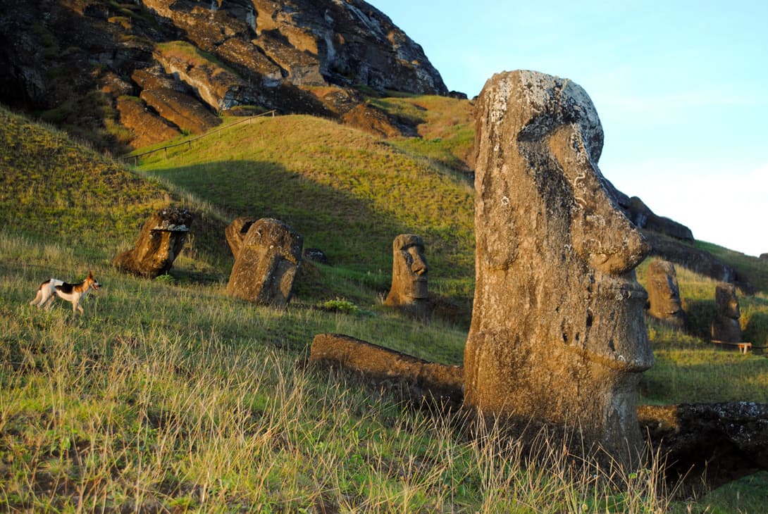 Abandoned moai statue factory of Rano Raraku volcano at Rapa Nui (Easter Island)