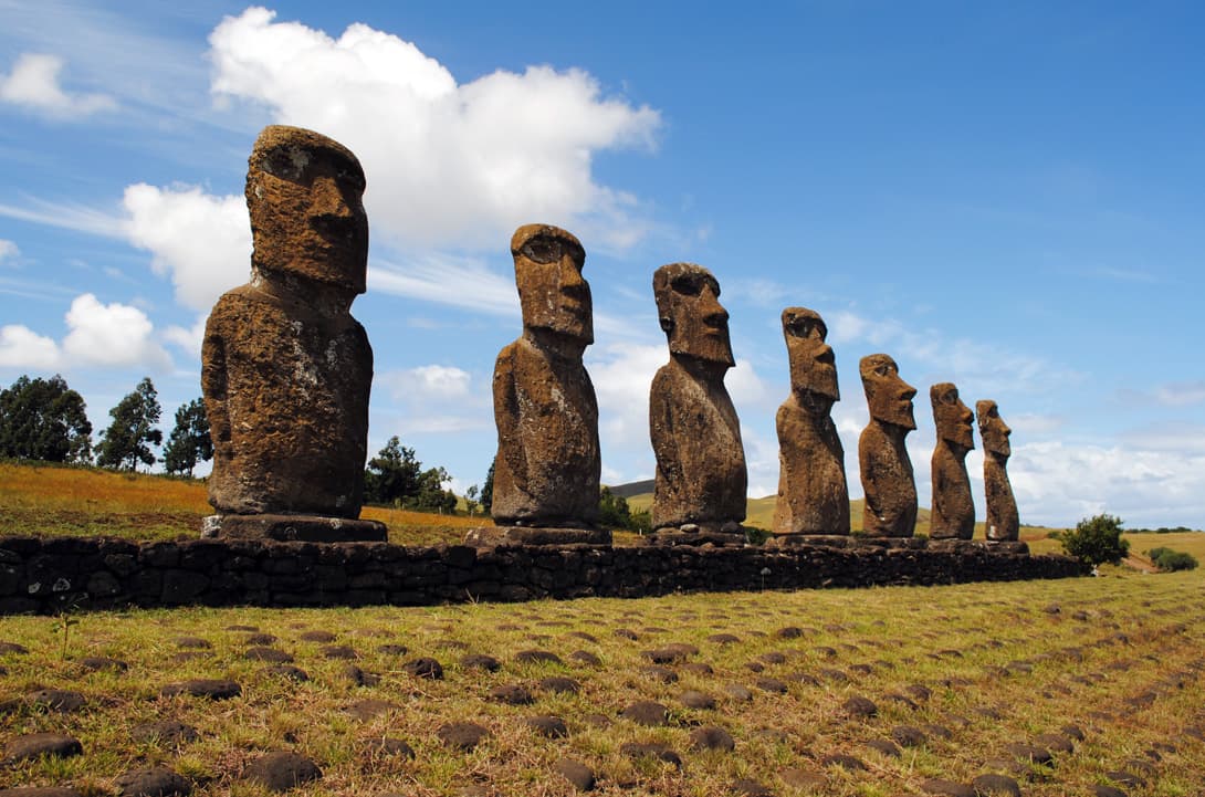 Close-up on the seven moai statues of Ahu Akivi