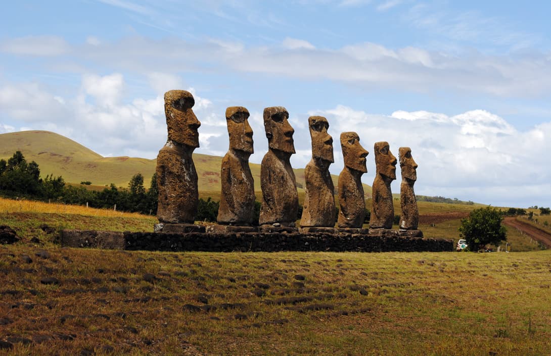 The seven moai statues of Ahu Akivi from afar