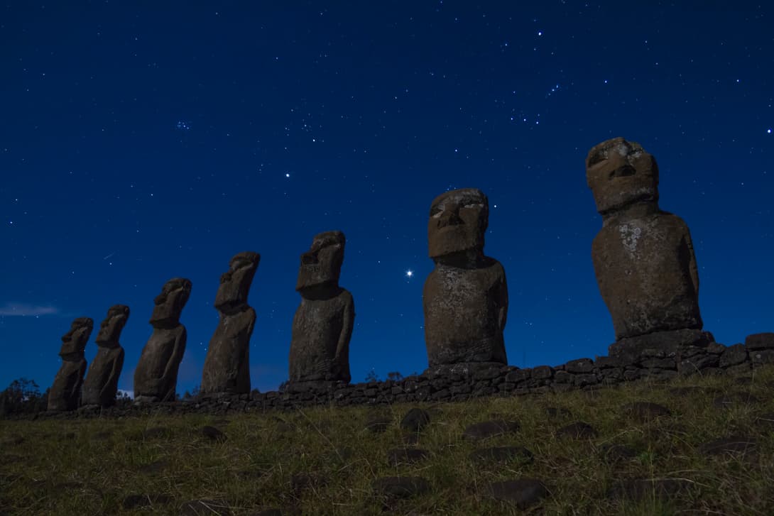 Easter Island moai statues of Ahu Akivi under starry night sky at Rapa Nui (Easter Island)