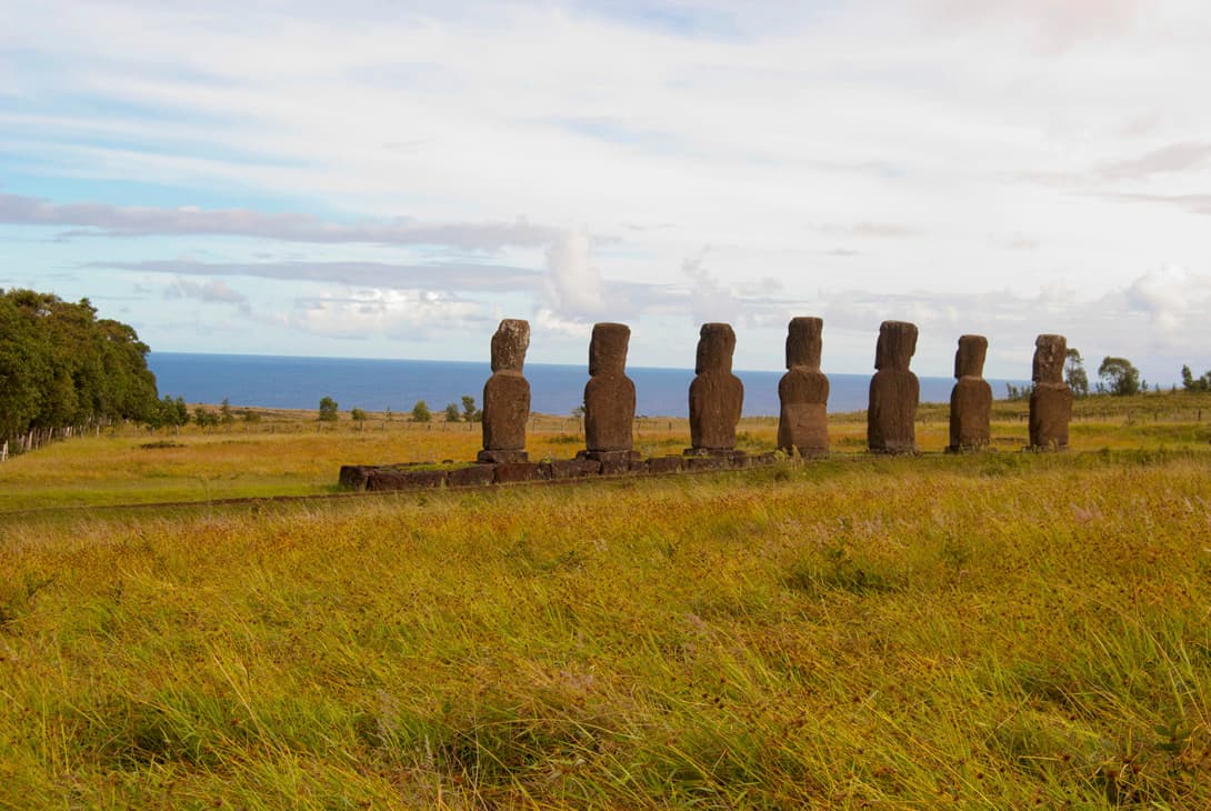 Ahu Akivi moai statues facing ocean