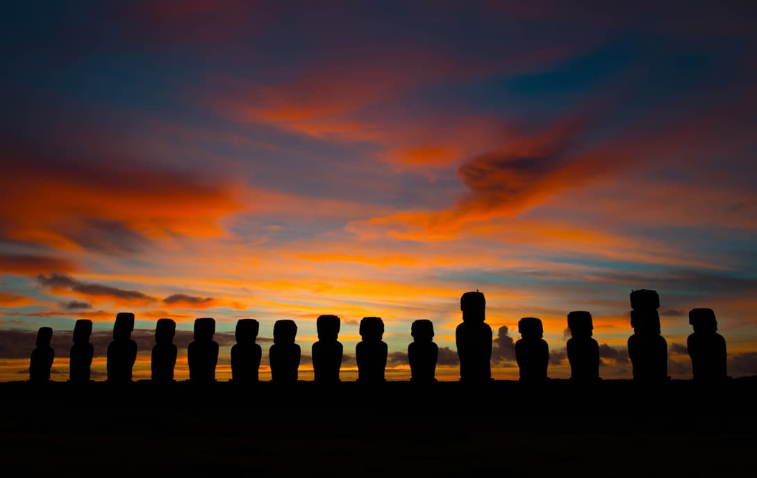Silhouette of 15 statues of Ahu Tongariki at sunrise