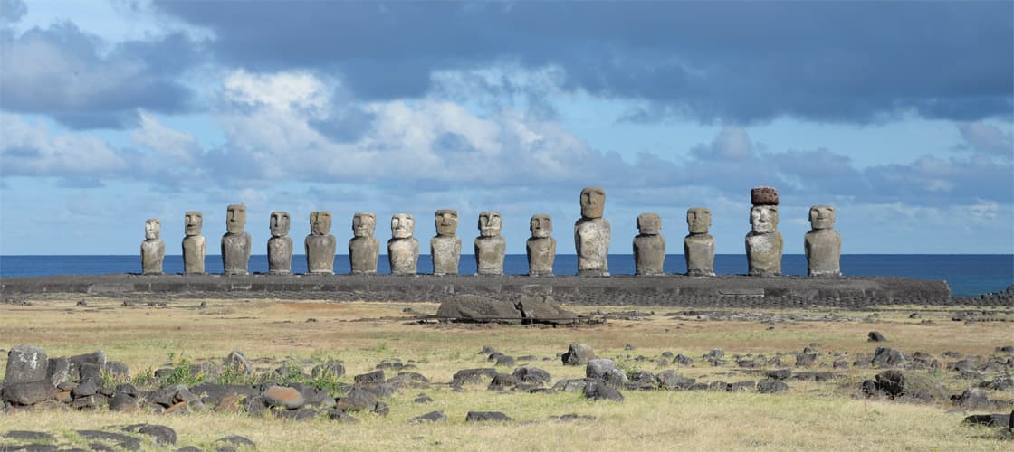 Ahu Tongariki moai statues lined up, panorama evening light