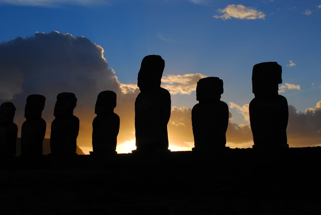 Close-up of moai statues silhouette at Ahu Tongariki