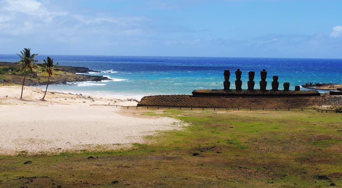 Panorama of Anakena beach with 7 moai statues