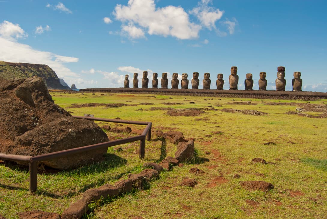 Easter Island statues of Ahu Tongariki with fallen moai
