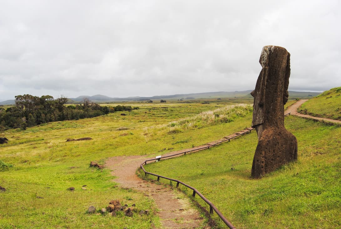 Moai Piro-Piro in Rano Raraku overlooking landscape