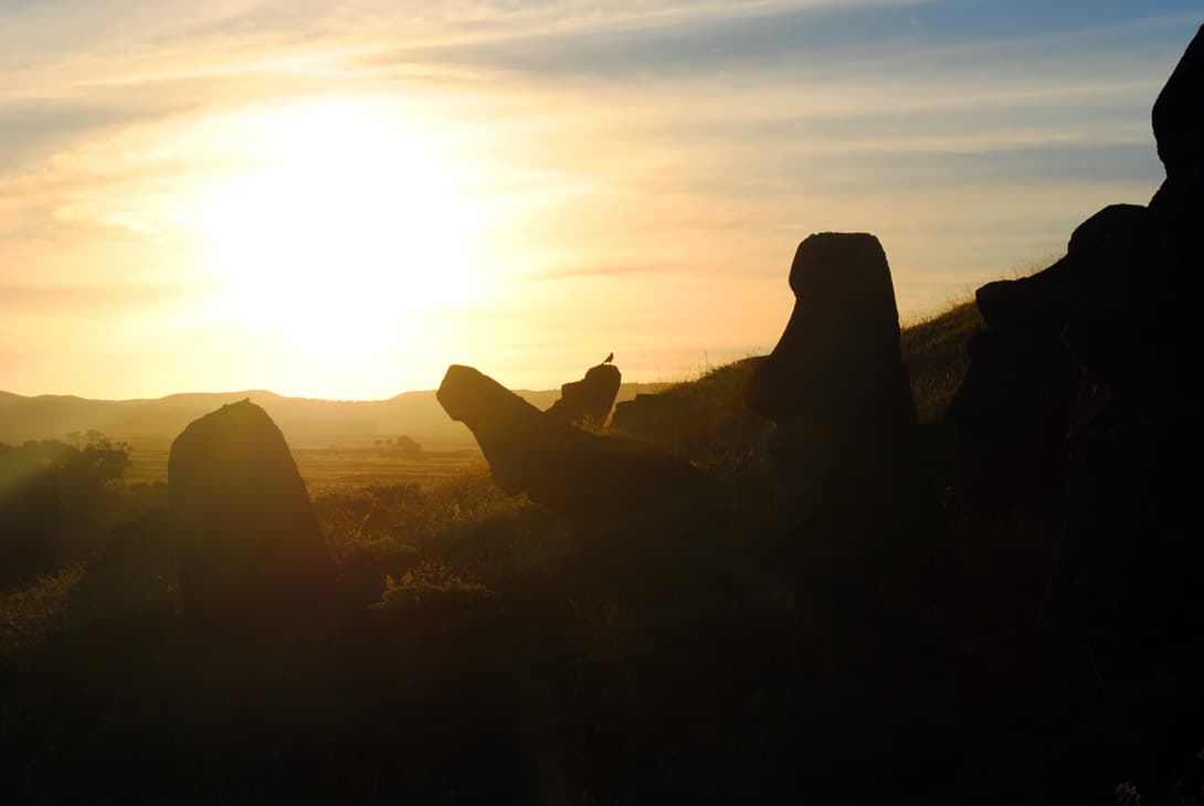 Silhouette of moai statues at sunset in volcano quarry and statue factory Rano Raraku