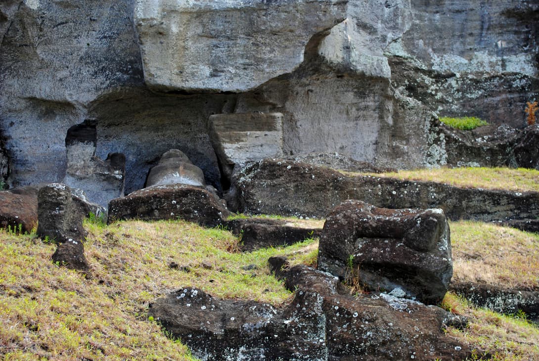 Holes left in Rano Raraku rock wall where moai statues were taken