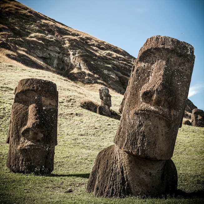 Two moai statues at Rano Raraku, volcanic quarry and statue factory