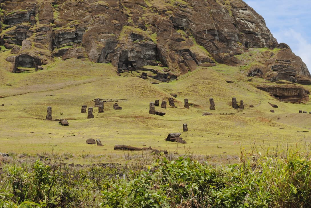 Panorama of the volcanic quarry Rano Raraku