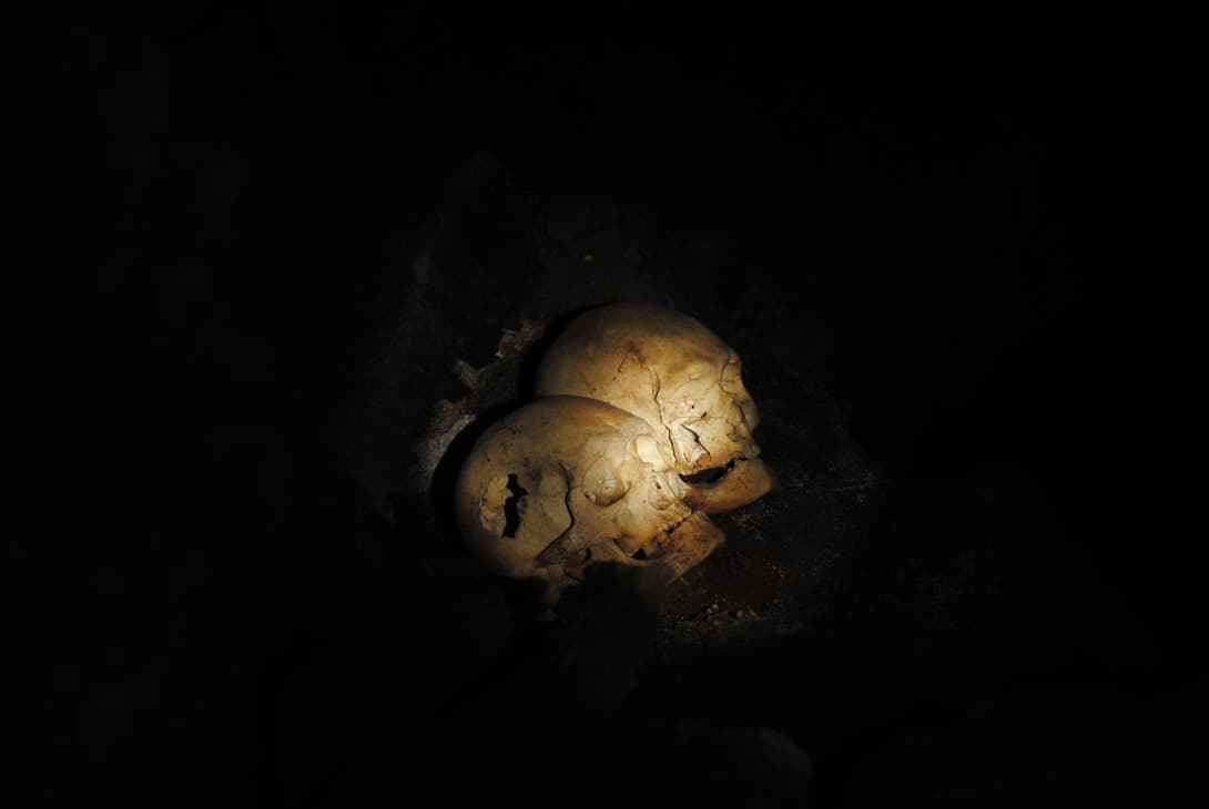 Rapa Nui skulls in cave, Easter Island