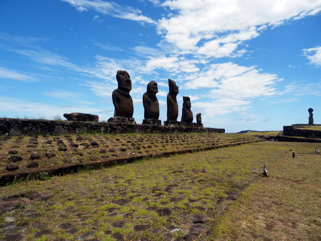 Moai statues of Ahu Vai 'Uri and Ahu Ko Te Riku at Tahai, Easter Island (Rapa Nui)
