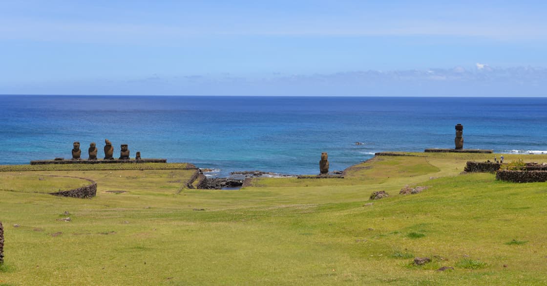 Restored moai statues of Tahai, ancient Easter Island village