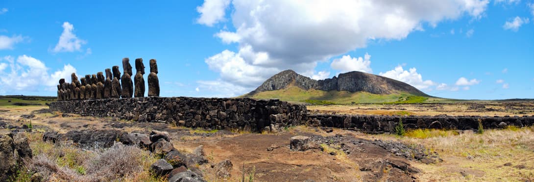 Back of Ahu Tongariki with Rano Raraku volcano