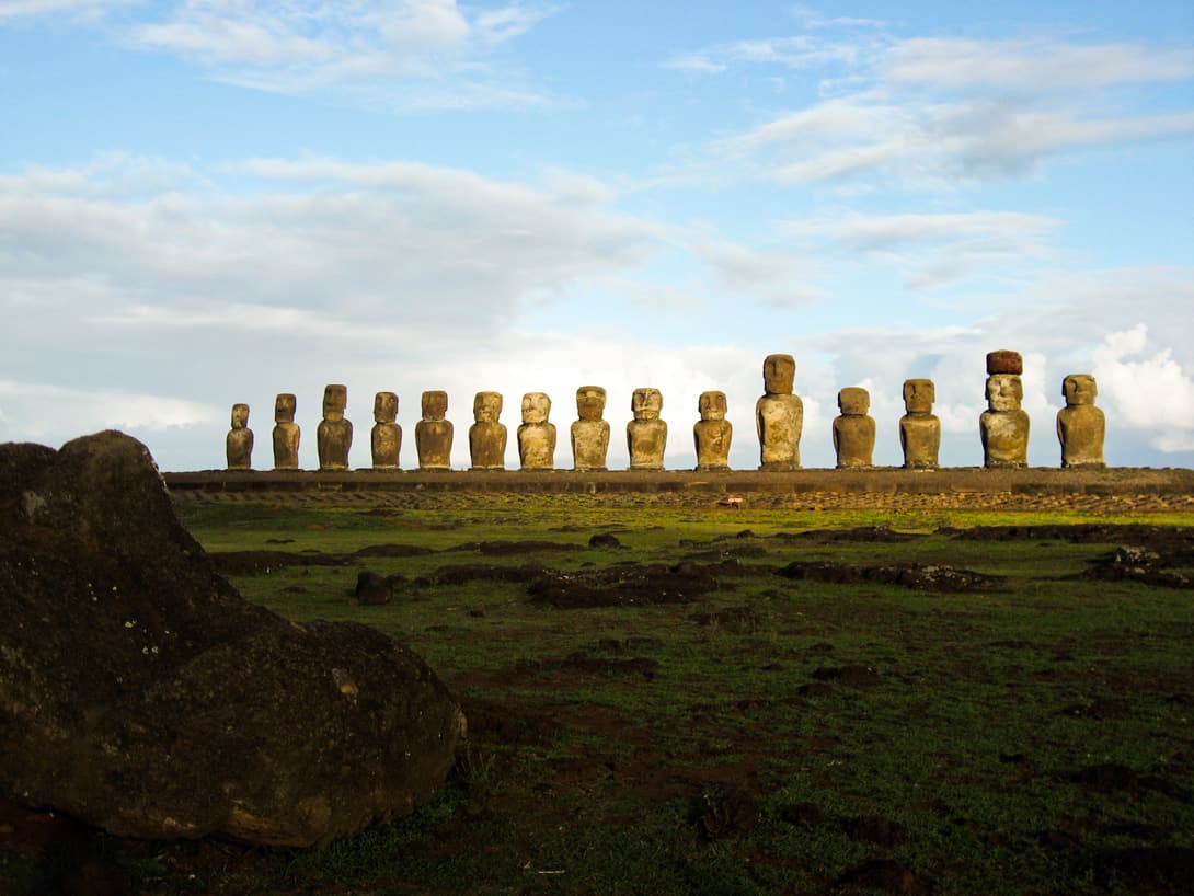 View of Tongariki by the laying moai at sunset