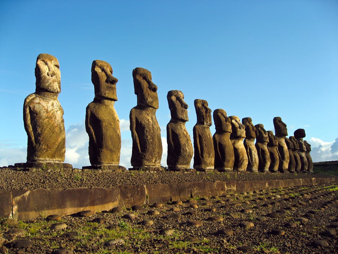 Close-up of the 15 moai statues at Ahu Tongariki