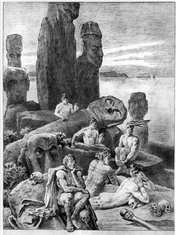 ภาพวาดรูปสลักโมอายที่ล้มและกะโหลกศีรษะบนราปานุย ปี 1872 (ปีแยร์ โลตี)
