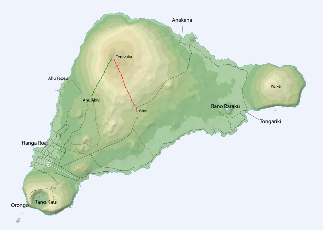 Terevaka hill, or "Māunga Terevaka", is in the center of the island.
