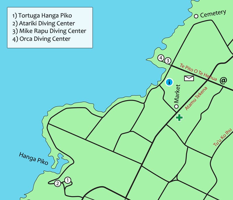 Mapa de Hanga Roa con centros de buceo de Isla de Pascua.