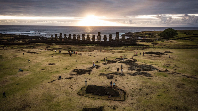Sunrise over Ahu Tongariki seen from Rano Raraku during a trip to Rapa Nui.