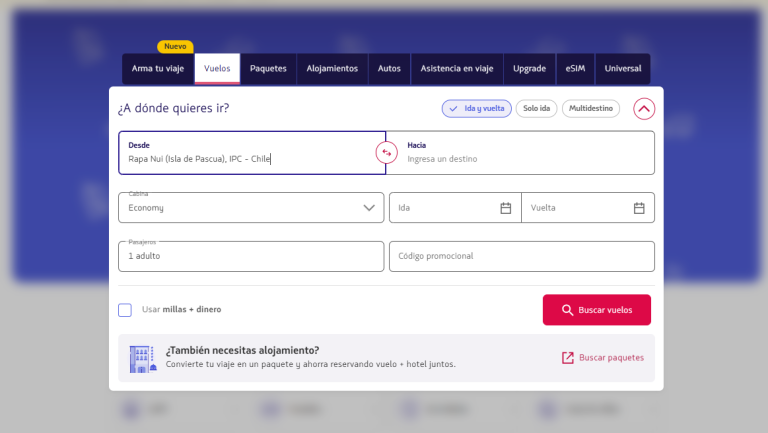 LATAM Airlines booking platform for flights to Rapa Nui (Easter Island).