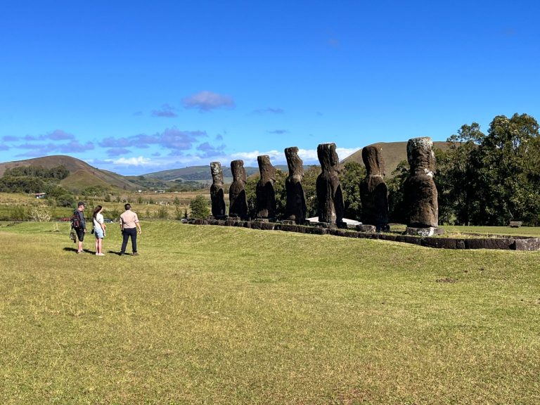 Certified Easter Island Travel guide with travelers admiring Ahu Akivi in Rapa Nui.