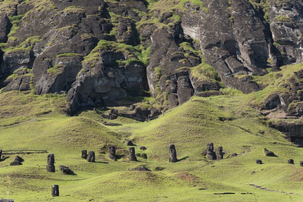 The volcanic quarry of Rano Raraku where Moai statues were carved.