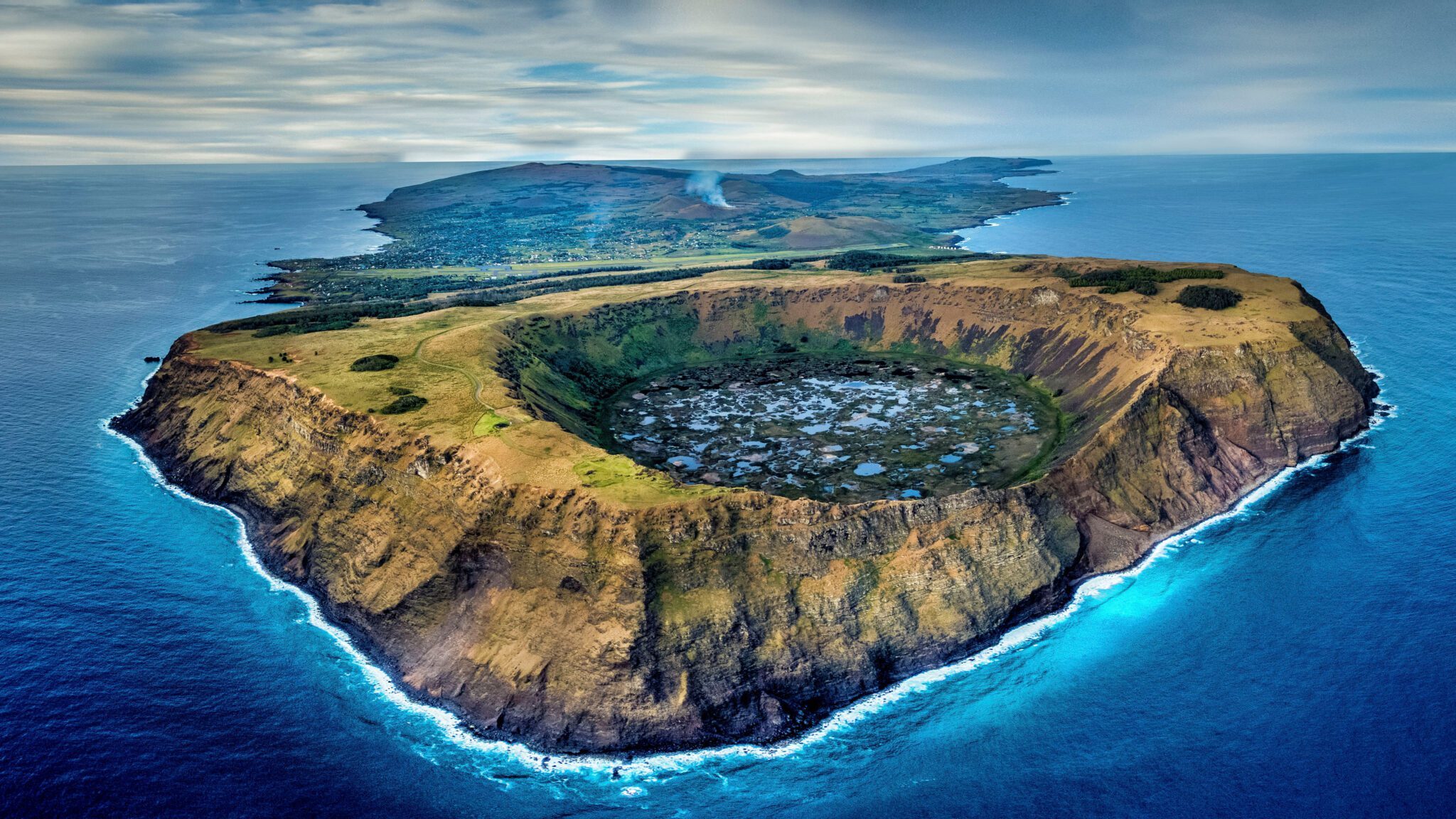 Aerial perspective of the stunning Rano Kau volcano crater in Rapa Nui.