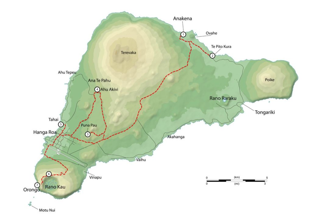 Illustrated map showing the route and main stops included in Tour A in Rapa Nui.