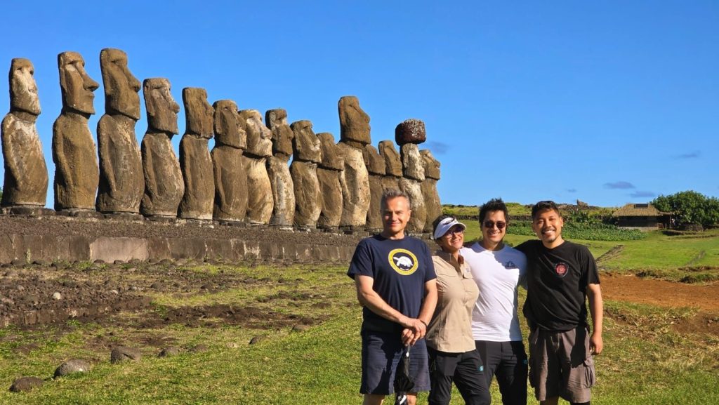 Easter Island Travel private guides with visitors at Ahu Tongariki in our A and B tours.