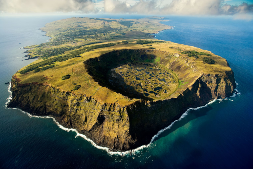 Aerial view of Rapa Nui from Rano Kau volcano during a trip to Easter Island.