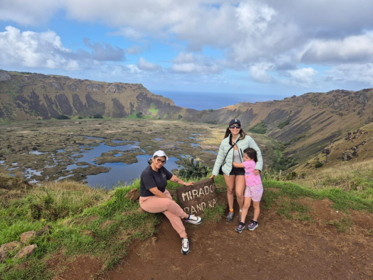Family enjoying the Rano Kau viewpoint during a family trip to Easter Island.