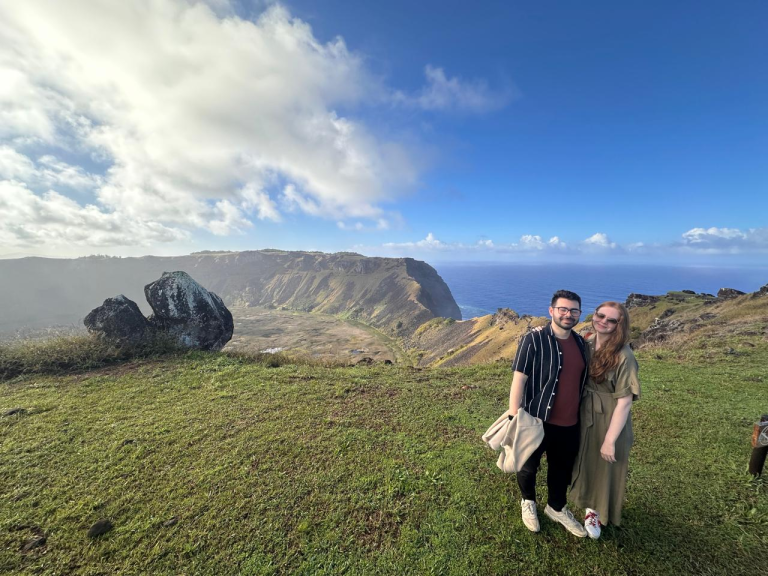 Couple enjoying the Rano Kau viewpoint during a trip to Easter Island.