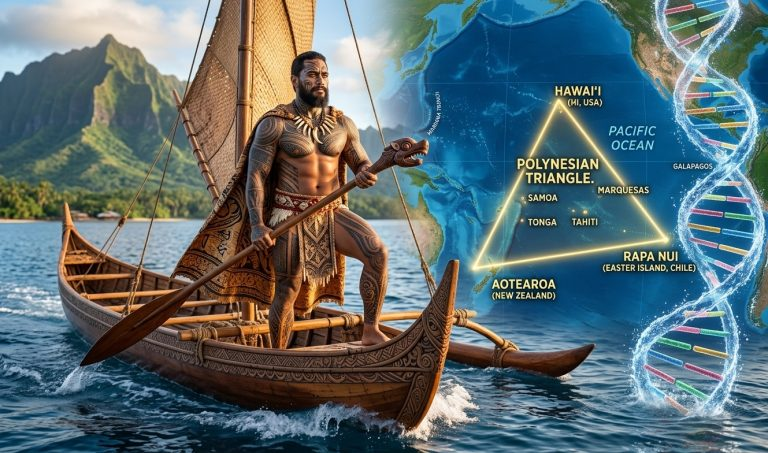 Polynesian Triangle map and DNA strand connecting Rapa Nui Navigators with Hawaii