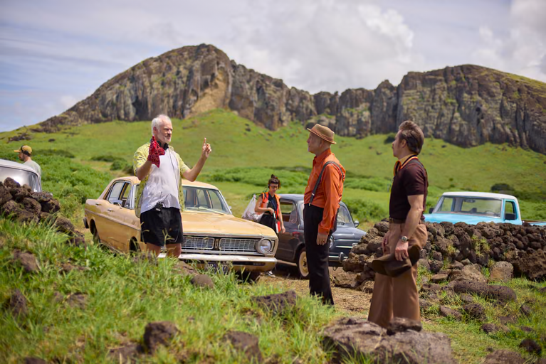 Director Martin McDonagh directing John Malkovich and Sam Rockwell at Rano Raraku volcano