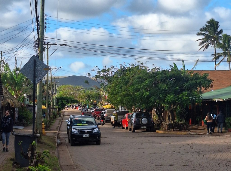Atamu Tekena main street in Hanga Roa town with quiet island atmosphere and local shops in Rapa Nui