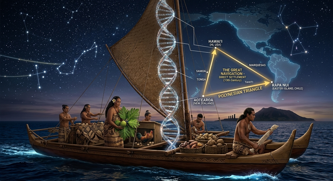 Rapa Nui Navigators sailing a double-hulled canoe across the open Pacific Ocean