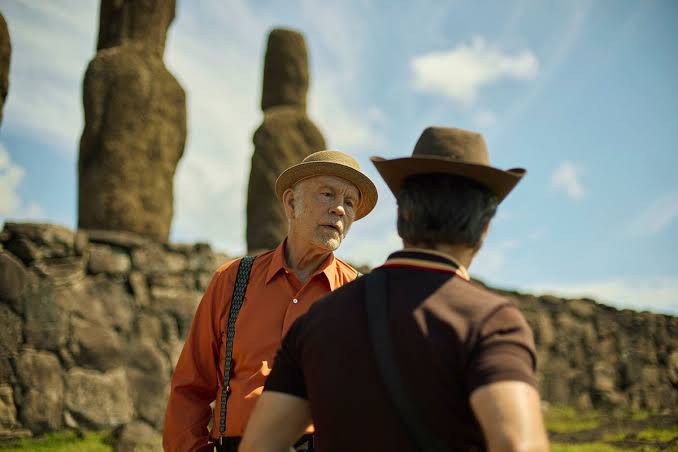 John Malkovich and Sam Rockwell on location at Ahu Tahai during the filming of Wild Horse Nine in Rapa Nui