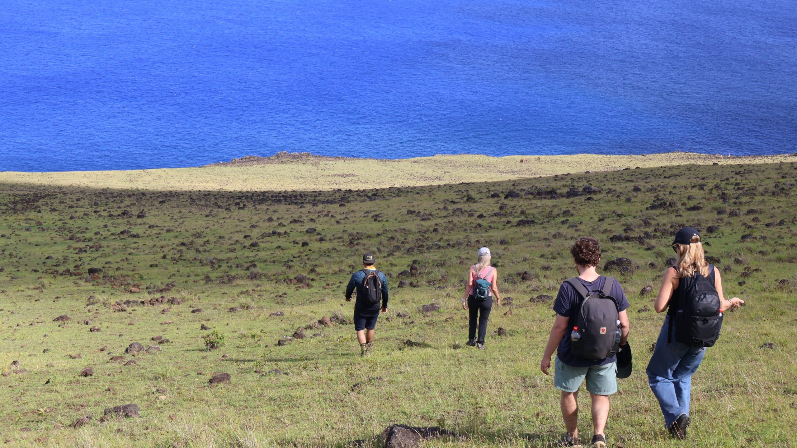 Visitantes recorriendo senderos naturales junto a la costa volcánica de Rapa Nui.