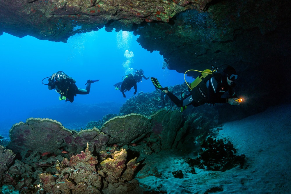 Buceadores explorando formaciones volcánicas submarinas y cuevas de lava en Rapa Nui.
