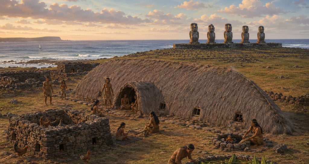 Historical and archaeological records show that these dwellings coexisted alongside ceremonial platforms. This photo provides a visualization of how they appeared in Tahai - Rapa Nui.