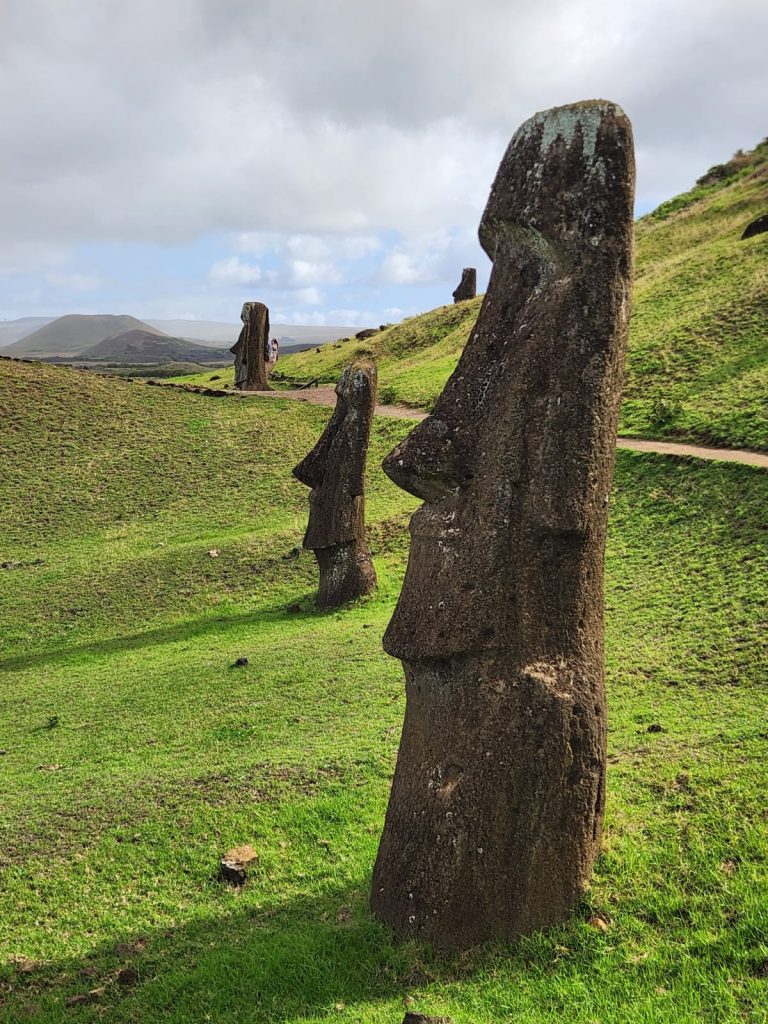 Vista lateral de una imponente estatua moai de piedra semienterrada en la ladera verde del volcán Rano Raraku.