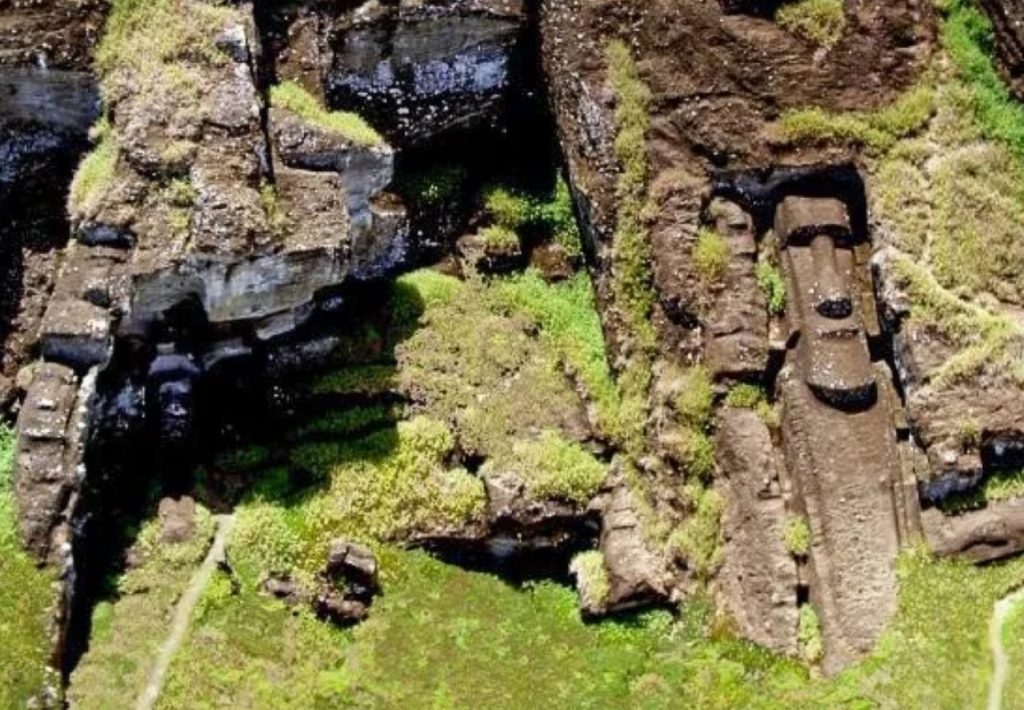 Te Tokanga, conocido como “el gigante”. Se trata de una figura monumental que permanece en la roca donde fue tallada y que permite dimensionar hasta qué escala llegó el trabajo escultórico en Rano Raraku. 
