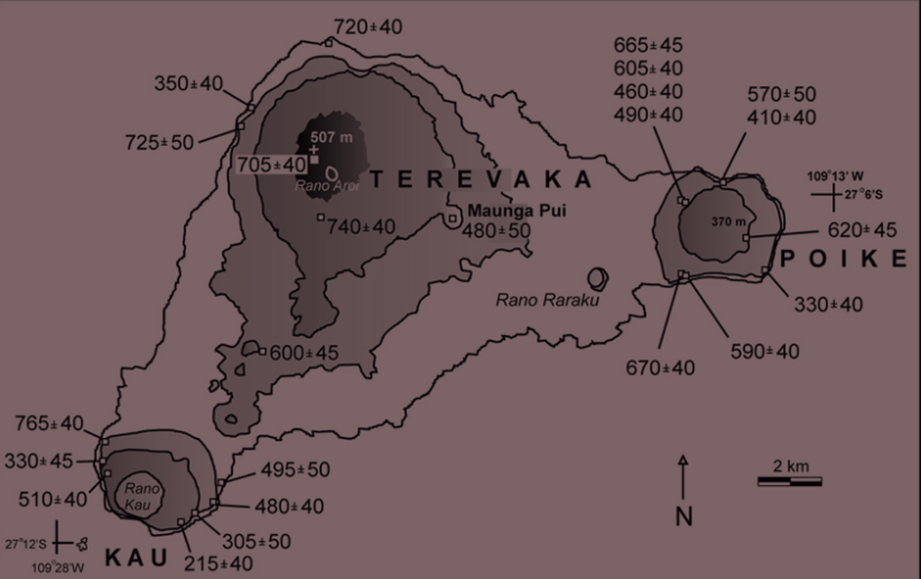 Mapa que muestra los tres grandes volcanes: Poike (este), Rano Kau (suroeste) y Terevaka (norte).