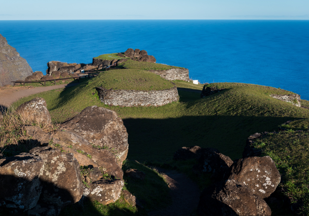 Orongo is a spectacular ceremonial village and archaeological site in Chile, located at the southwestern tip of Rapa Nui (Easter Island), atop the imposing Rano Kau volcano.