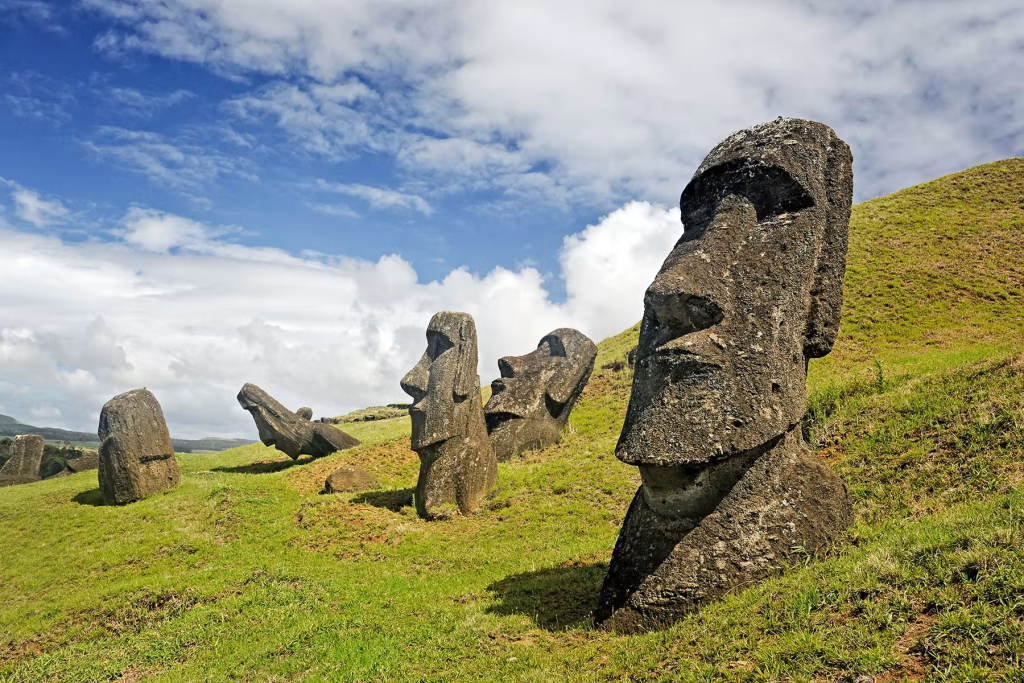 Ancient moai statues at Rano Raraku, the main quarry where many of the monumental statues of Rapa Nui were carved.